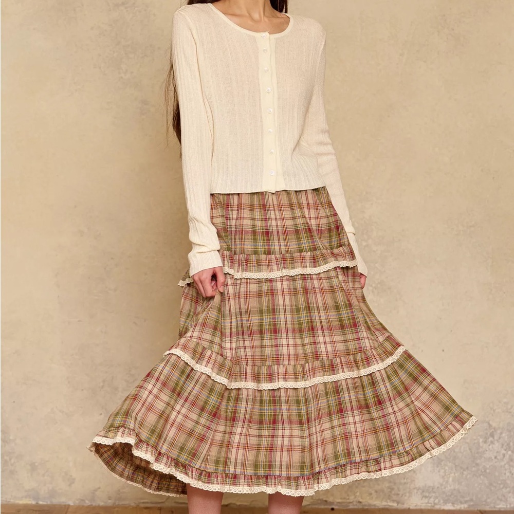 Rosie Pope Plaid Tiered Midi Skirt with white trim NWT - Picture 2 of 7